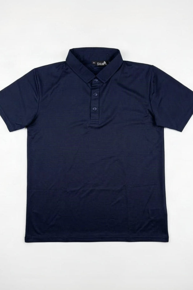 A dark navy blue short-sleeve polo shirt with a three-button placket, laid flat against a clean white background.
