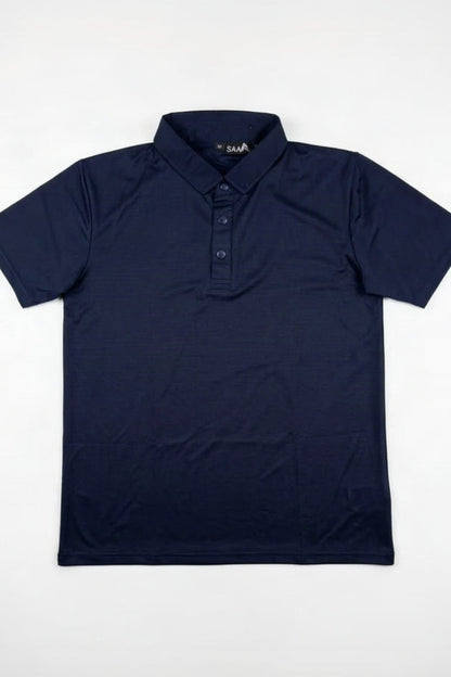A dark navy blue short-sleeve polo shirt with a three-button placket, laid flat against a clean white background.